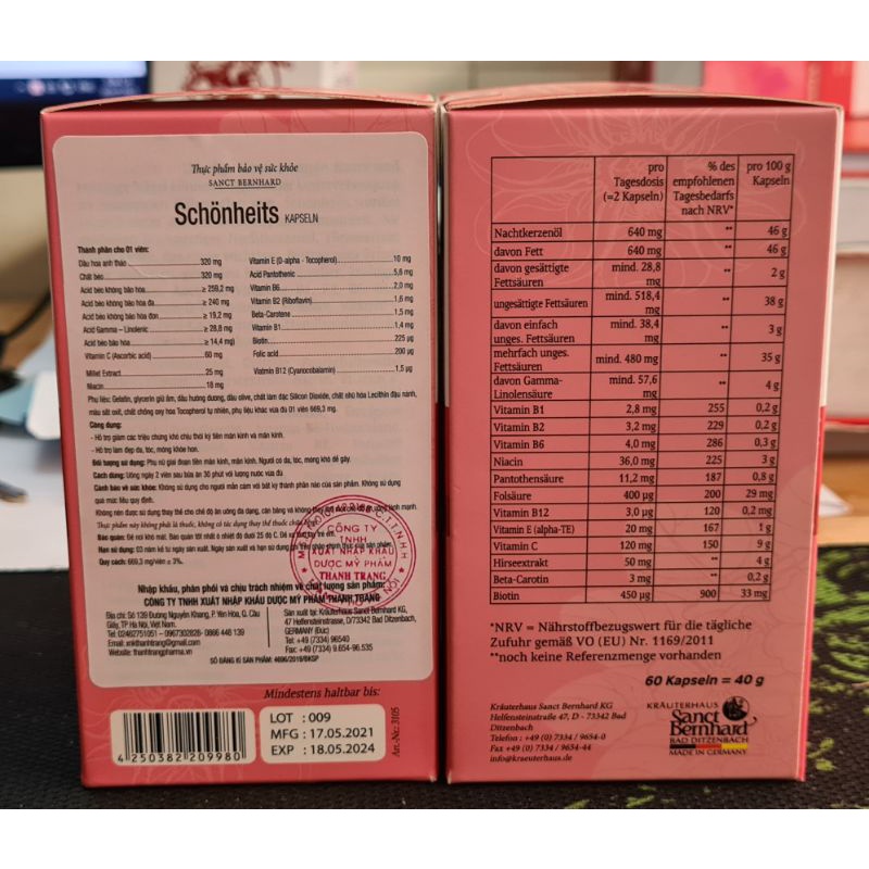 Tinh dầu hoa anh thảo Schonheits Kapseln (Lọ 60 viên) của Đức - Hỗ trợ làm đẹp da, cân bằng nội tiết, giảm mụn trứng cá