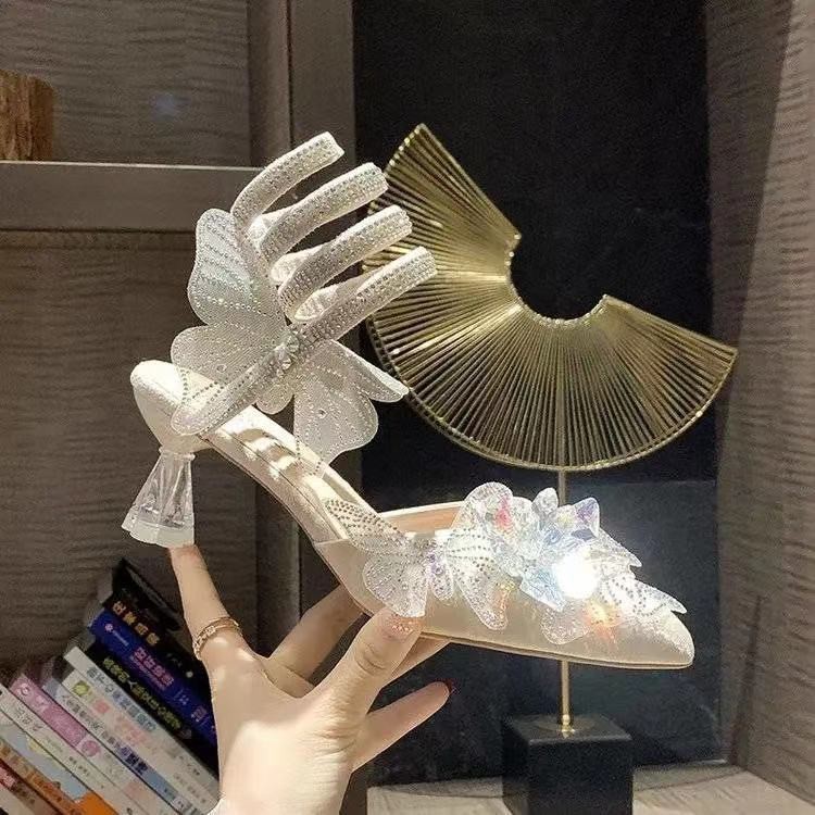 giày sandal 7cmGiàyDép Nữ dép thời trang giày caodép cao từgiày nữ caodép gótGuốc/Dép nữGiàydép đế caogiày 7cm℡☽▨Snake-shaped winding sandals 2021 summer new style rhinestone bow high-heeled fairy stiletto-heeled Roman female