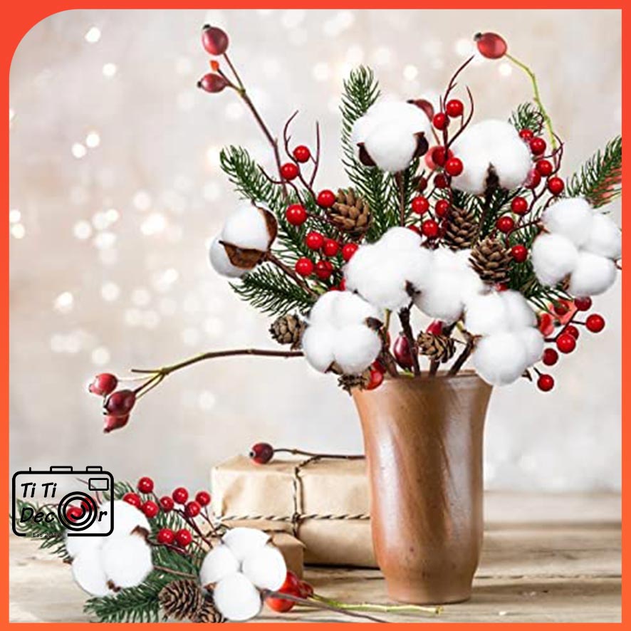 Bông hoa gòn trang trí chrismast, giáng sinh, noel, xmas, tiểu cảnh, hoa khô, mẫu cành nhiều bông – Titi decor
