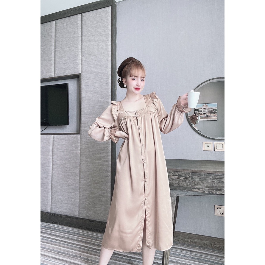 Đầm Ngủ Sexy lụa latin tiểu thư baby doll cổ U, nút bộc xịn xò- DN 107