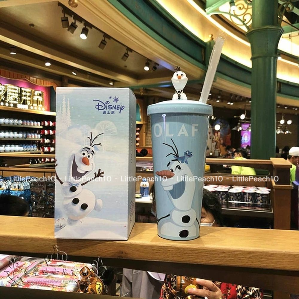 Ly nhựa uống nước Disney thon dài có kèm ống hút nổi 3D hình Car Olaf Mickey cho trẻ em