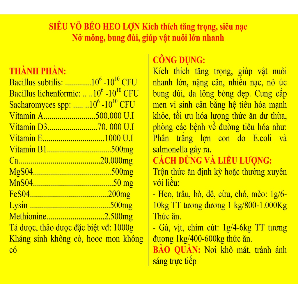 1kg SIÊU VỖ BÉO HEO LỢN, CHÓ Kích thích tăng trọng, siêu nạc Nở mông, bung đùi, giúp vật nuôi lớn nhanh