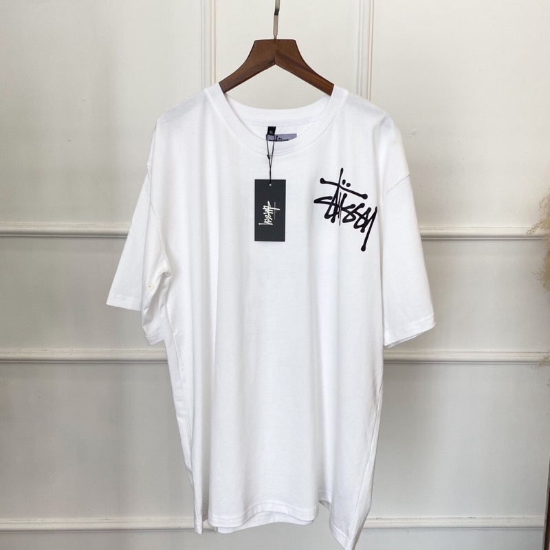 Áo Thun Stussy Bape Tay Lở Oversize Màu Trắng Đen Hoạ Tiết Chữ Sau Lưng Vintage
