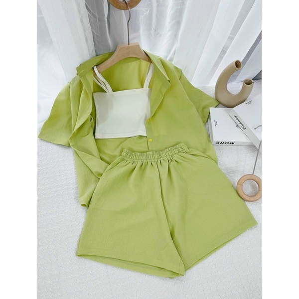 SET 3 MÓN XANH LÁ : KHOÁC SƠ MI TAY NGẮN + ÁO 2S  TRẮNG + SHORT ✨✨