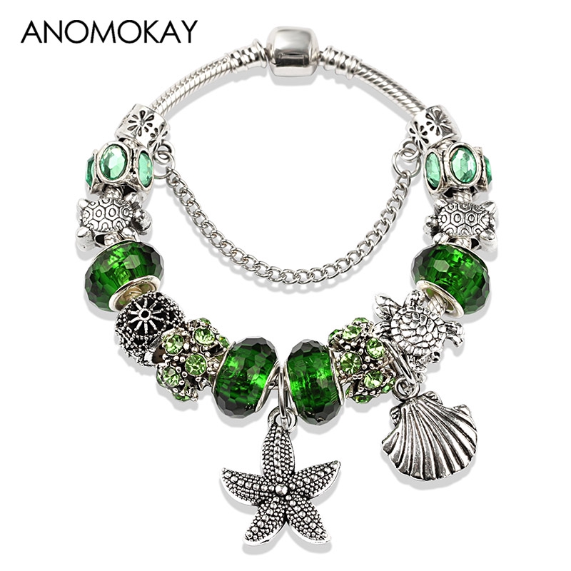 Vòng tay xỏ hạt tự làm họa tiết đại dương màu bạc và xanh lá kiểu dáng cổ điển