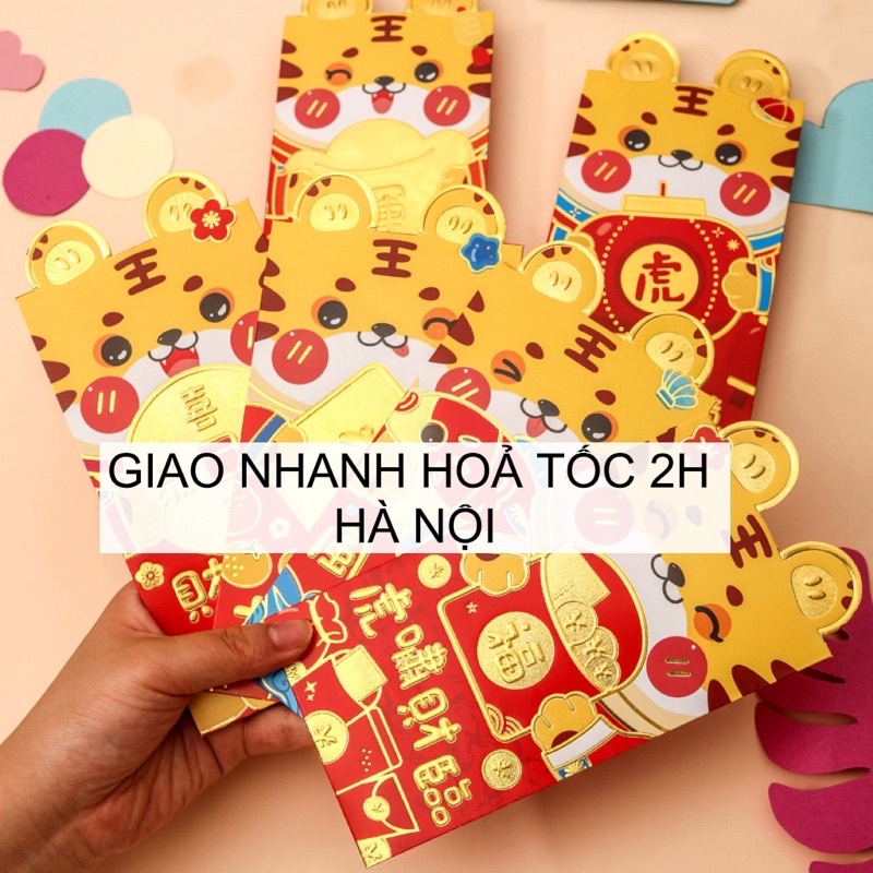 Set 12 24 36 cái Lì xì tết 2022, lì xì Nhâm Dần độc lạ hình con hổ dễ thương, bao lì xì đỏ may mân tài lộc