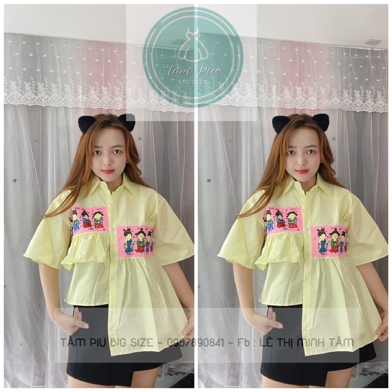Set áo sơ mi quần ngố hoạ tiết búp bê tà lệch (55-70kg)