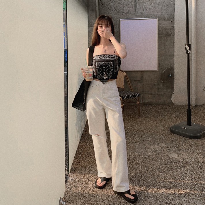 Quần Jean Nữ Lưng Cao Ống Rộng Rách Gối Thời Trang 43400