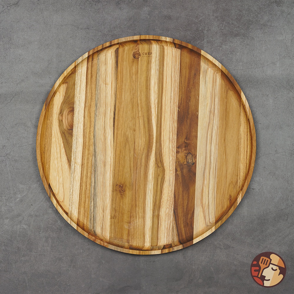 Khay gỗ Teak Chef Studio cao cấp hình tròn nhiều kích cỡ, dày 2 cm dùng decor, trang trí đồ ăn
