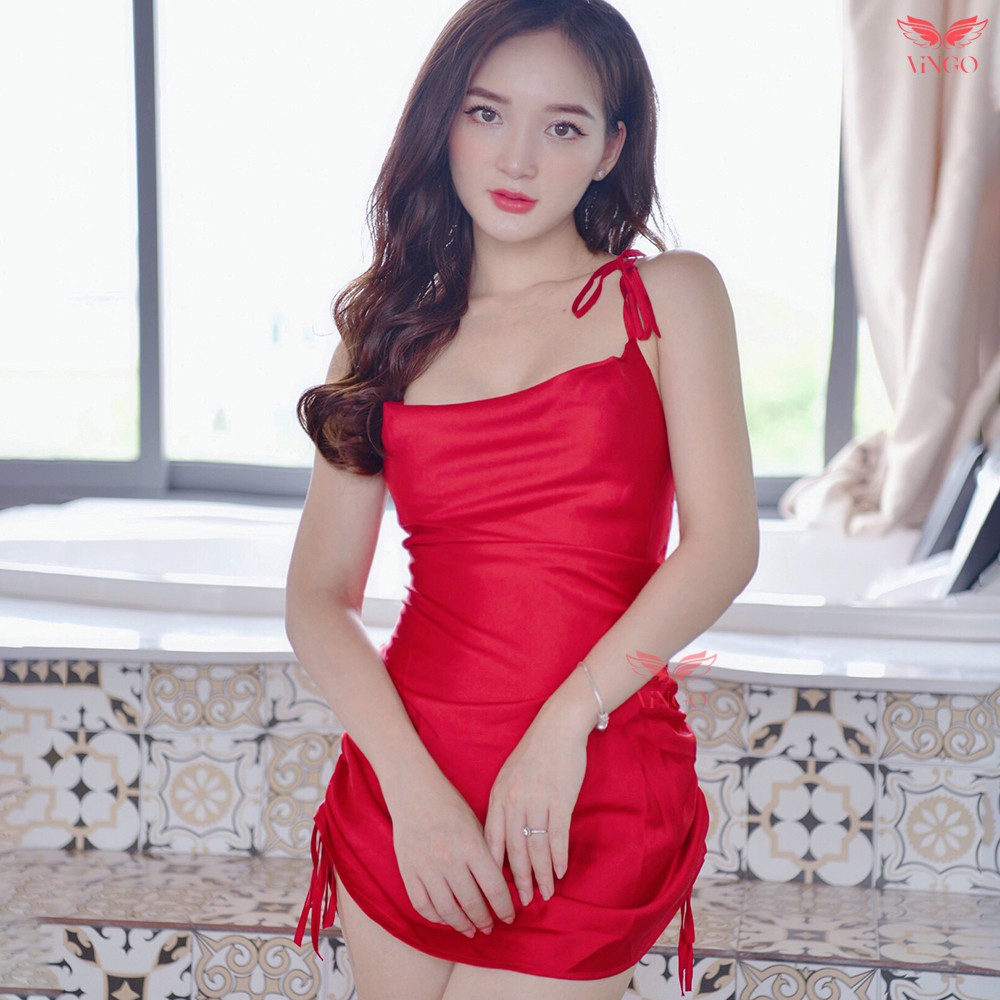 VINGO Váy ngủ lụa Pháp thiết kế dây rút gợi cảm N260 VNGO