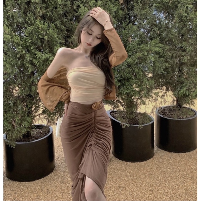 Set áo croptop+chân váy ôm dài Ulzzang