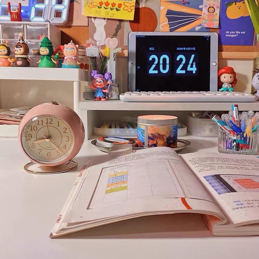 Đồng hồ để bàn kim loại đồng hồ tròn Đồng hồ học sinh mặt kính lồi im lặng có đèn ngủ Đồng hồ để bàn tương tự