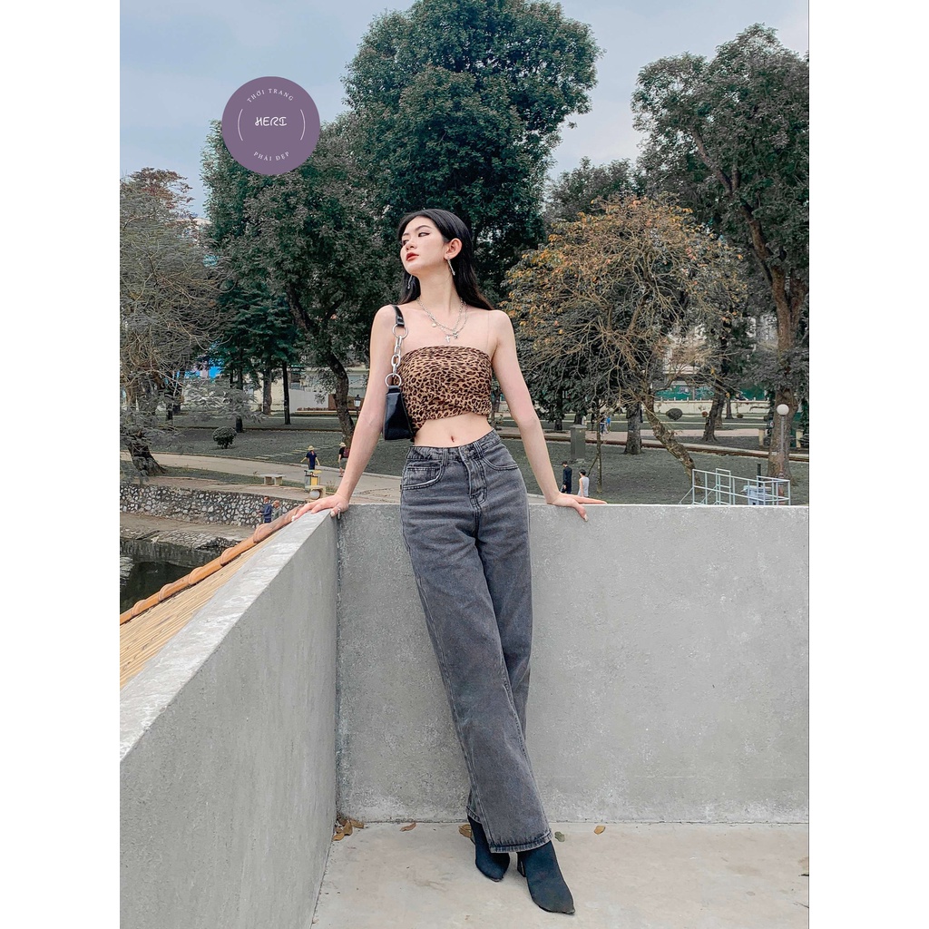 Quần jean nữ Herishop ống suông rộng, quần jean ống rộng màu đen trơn cơ bản cạp lưng cao | BigBuy360 - bigbuy360.vn