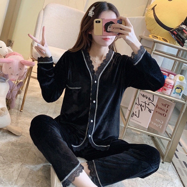 Bộ đồ ngủ tay dài chất nhung phối ren phong cách công chúa thời trang thu đông Hàn Quốc cho nữ