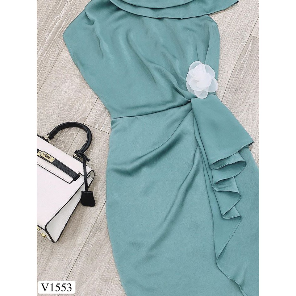Váy lụa xanh lệch vai v1553 ĐẸP HP DVC ( Ảnh mẫu và ảnh trải sàn do shop tự chụp )