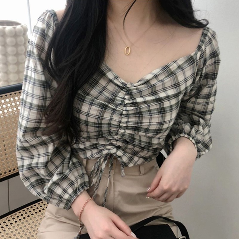 Áo kiểu tay dài cổ chữ V thiết kế dây rút thanh lịch | BigBuy360 - bigbuy360.vn