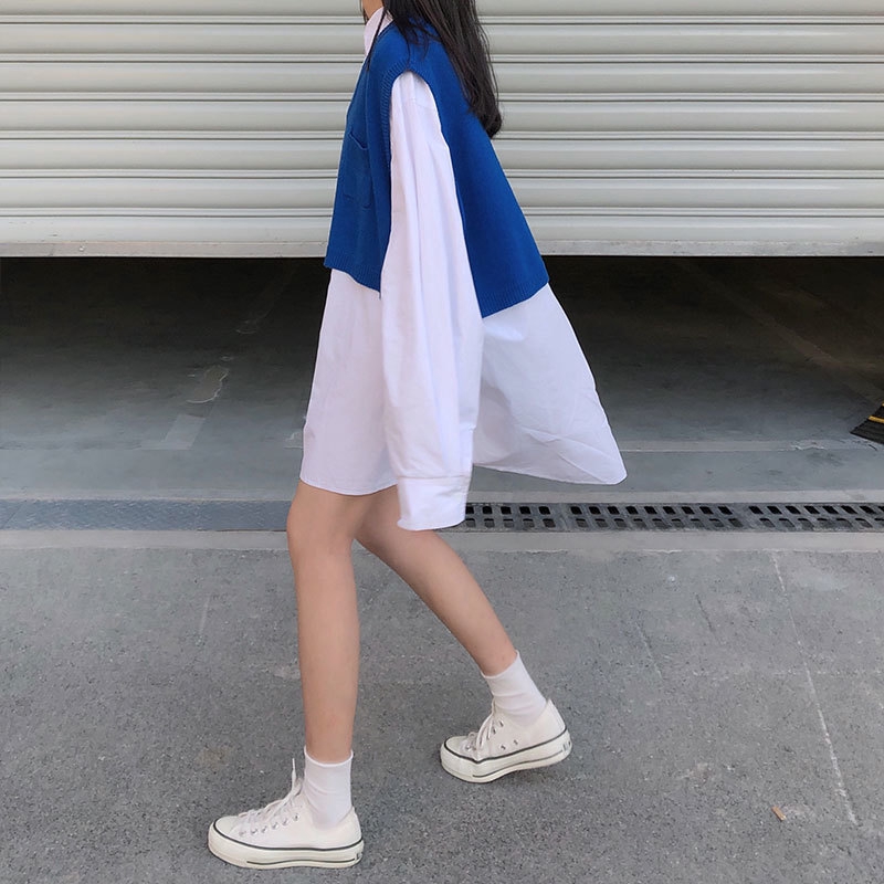 Áo sweater dệt kim sát nách cổ chữ V dáng rộng xẻ tà thời trang dành cho nữ