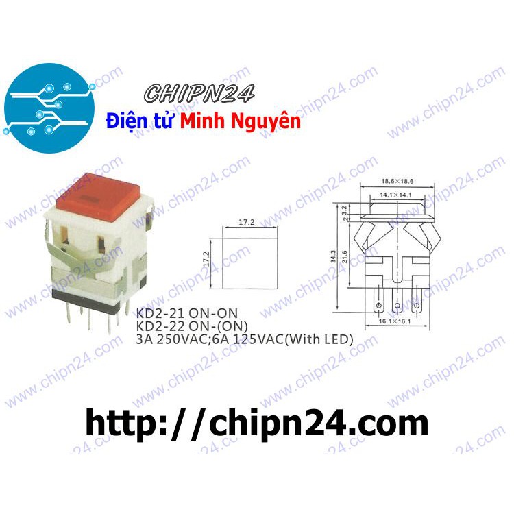 [1 CÁI] Nút nhấn Nhả KCD2-22 ĐỎ 8 chân 19x19MM 3A 250V