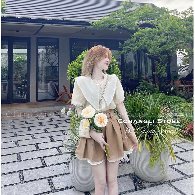 SET ÁO SƠ MI CỔ PITER KEM MIX CHÂN VÁY NÂU BÒ PHỐI BÈO