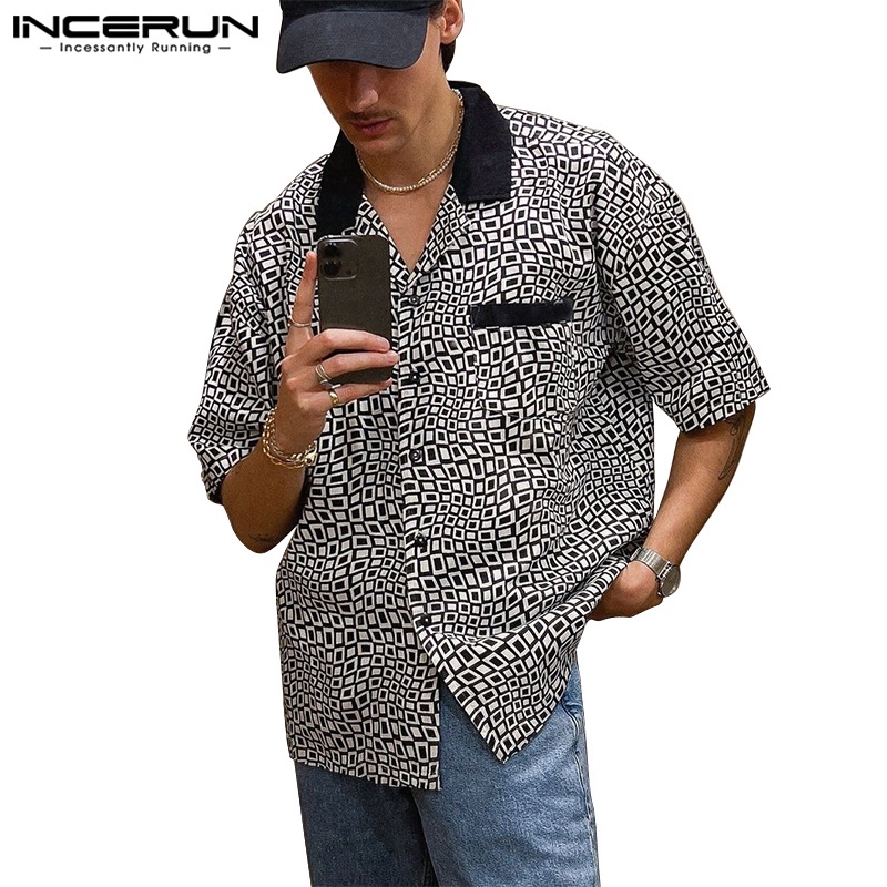 Áo sơ mi INCERUN ngắn tay dáng rộng họa tiết hoa phong cách vintage cho nam