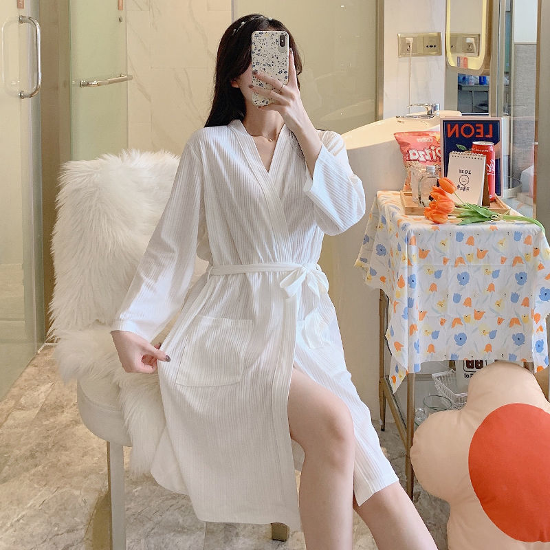 Mùa Xuân Và Mùa Hè Dài Tay Áo Ngủ Nữ Sọc Màu Bông Mỏng Nhật Bản Sexy Áo Choàng Dài Kích Thước Lớn Nhà Dịch Vụ Có Thể Được Mặc Bên Ngoài