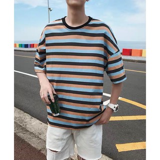 Áo thun Cotton unisex tay lỡ form rộng Áo phông nam nữ kẻ ngang dày mát basic tee ulzzang