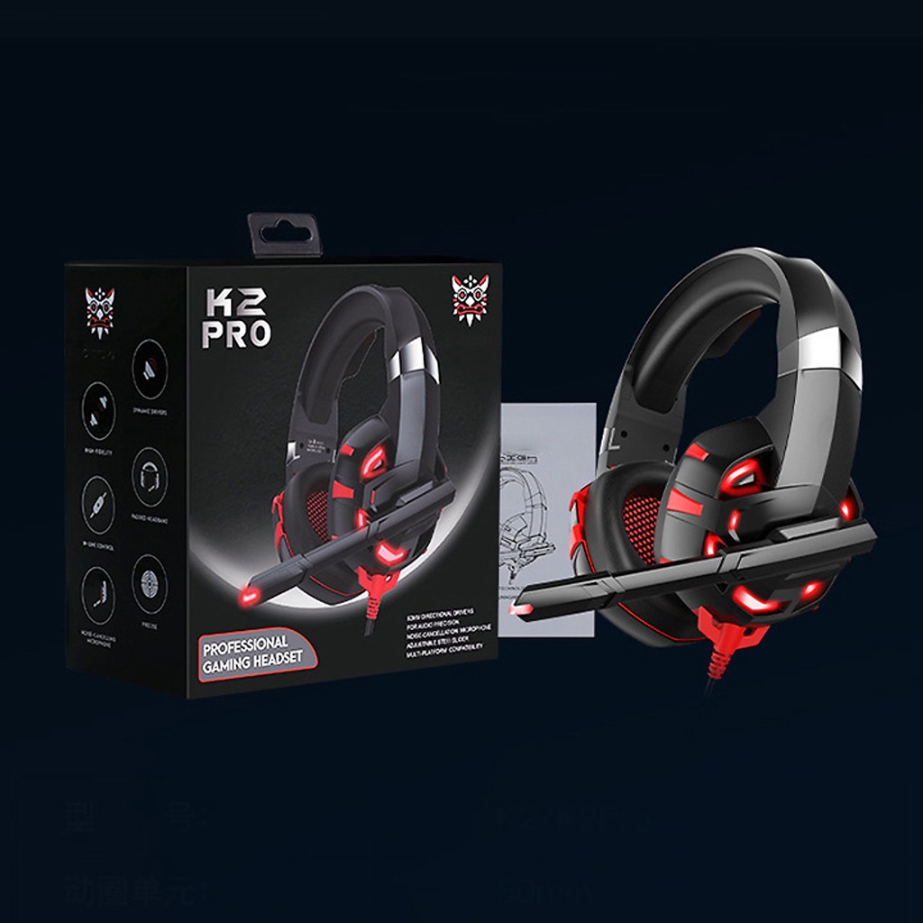 Tai nghe chụp tai có dây K2A pro headphone gaming dùng được cho điện thoại, laptop, máy tính.. Có đèn led và độ trễ thấp