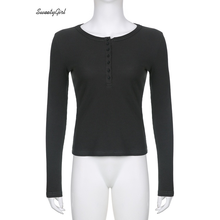 Áo Thun Tay Dài Cổ Tròn Màu Đen Trơn Cài Nút Thời Trang 2022 Quyến Rũ Cho Nữ