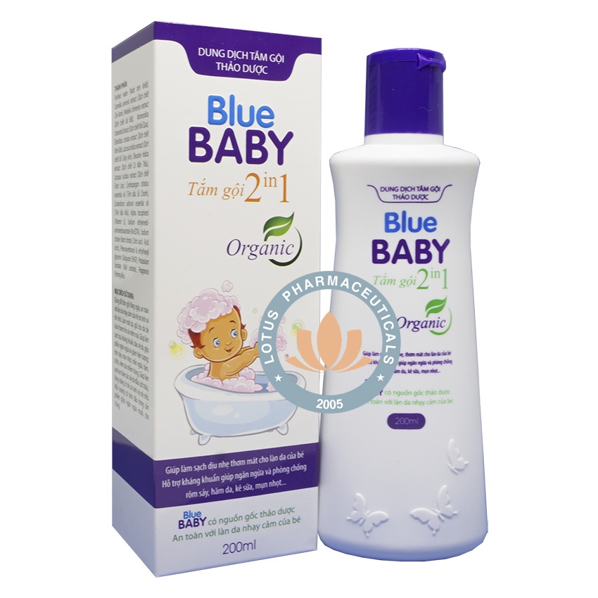 Blue Baby 2 in 1-Dung dịch tắm gội 2 trong 1, tắm gội cho trẻ em ngăn ngừa rôm sảy, vảy da đầu, lông măng. Tặng quà 39K