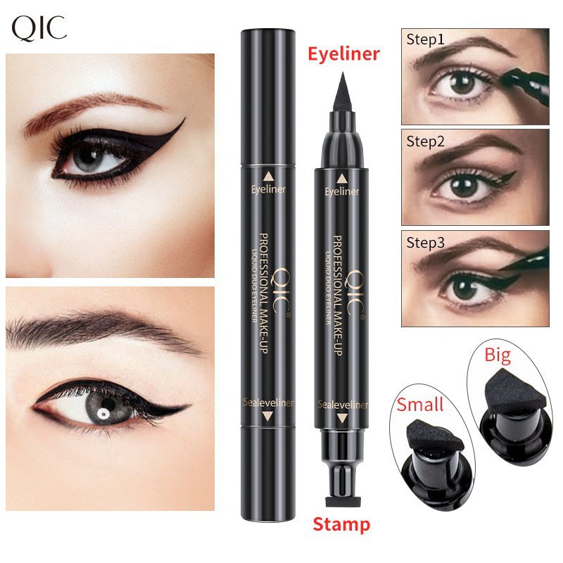 Kẻ mắt nội địa Trung 2 đầu QIC bền đẹp cực nét, Bút kẻ mắt nước lâu trôi QIC màu đen chuẩn mực mịn bám da