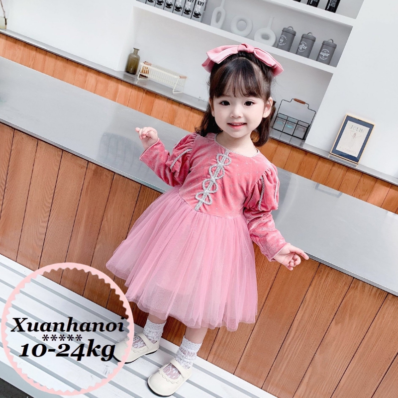 Váy nhung dập kim tuyết phối ren Baby doll XHN457