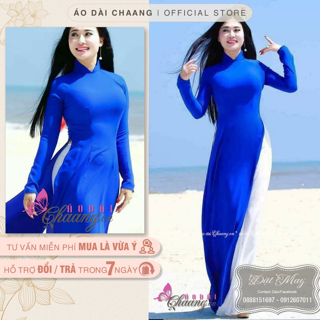 Áo dài xanh coban Chaang May sẵn áo dài truyền thống vải lụa đẹp