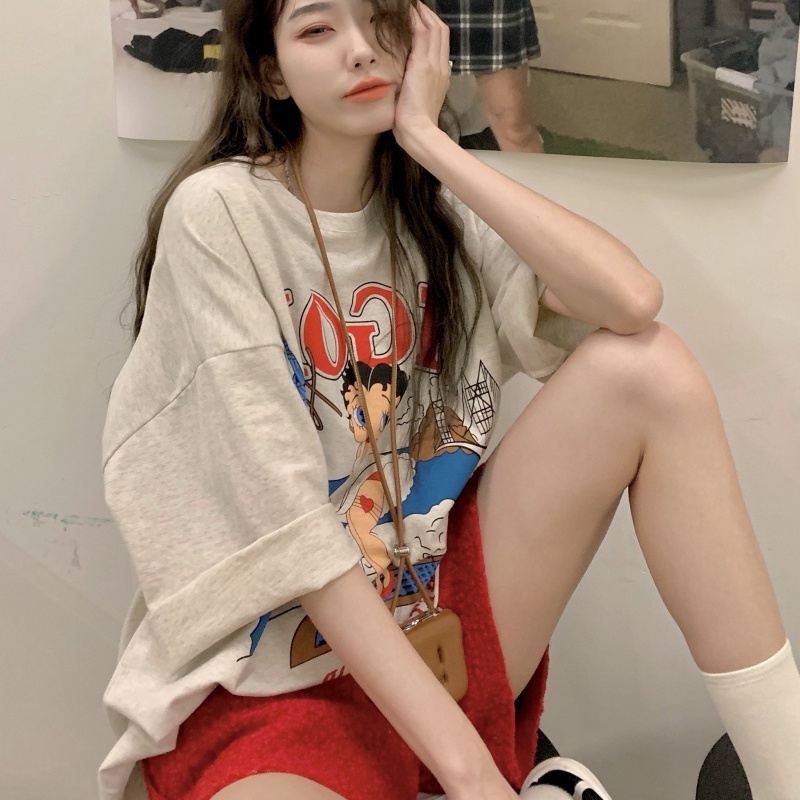 SUXI Áo Thun Tay Ngắn Cổ Tròn In Họa Tiết Chữ Cái Hoạt Hình Dáng Rộng Thời Trang Mùa Hè Cho Nữ