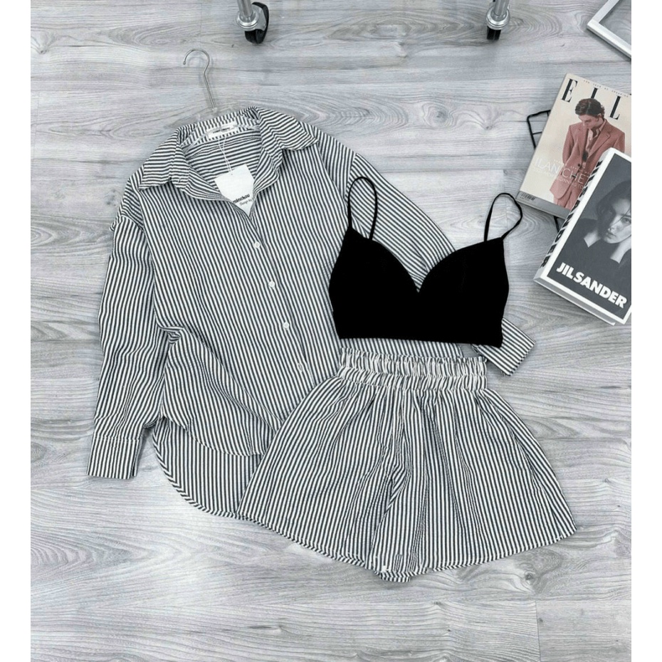 Sét Bộ 3 Món Sọc Dọc Chất Kate Xốp Nhẹ Mát Mặc Đẹp Phù Hợp Đi Chơi, Mặc Nhà Dáng Xinh [NEW UNISEX]