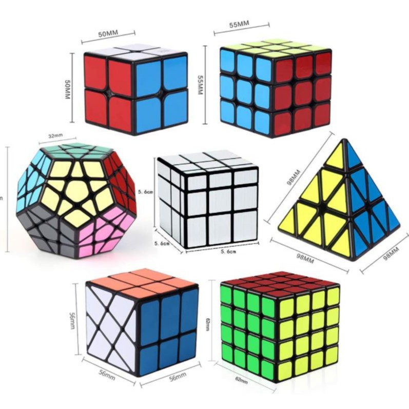 Set 8  Rubik TẶNG Sách, 8 Đế QiYi Sticker Viền Đen 2x2, 3x3, 4x4, Tam Giác, 12 Mặt, Mirror Gương bạc, Windmill, Ivy Cube