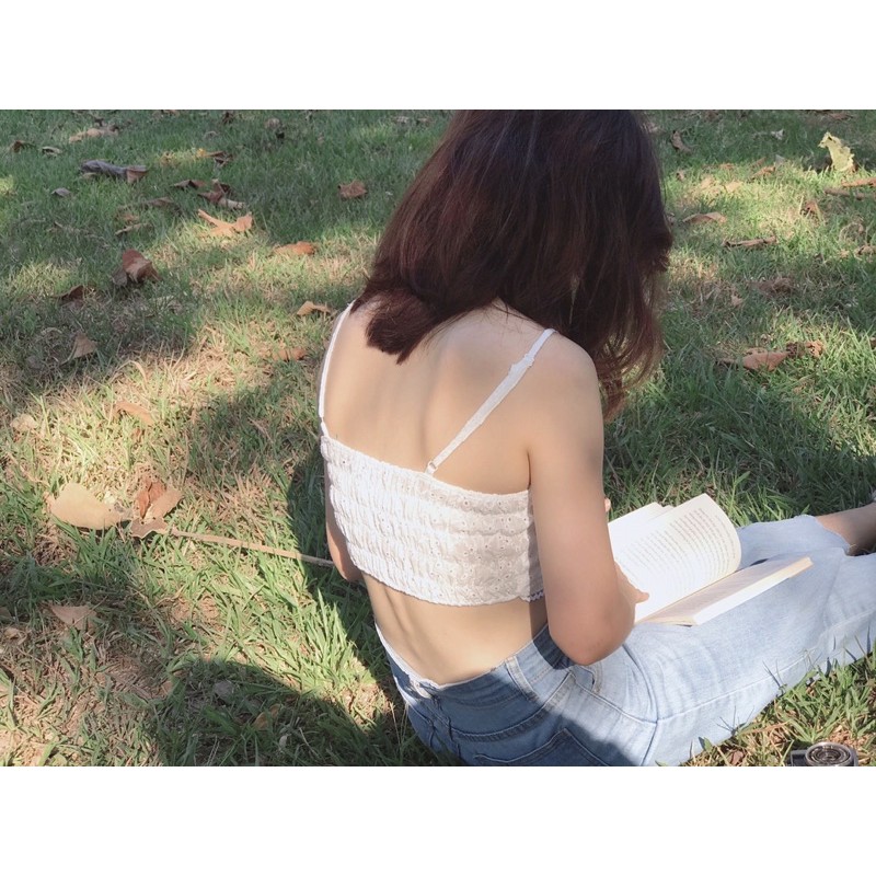 Layla camisole - Áo 2 dây trắng croptop - có sẵn - hoa nhí có chun sau ôm body viền ren