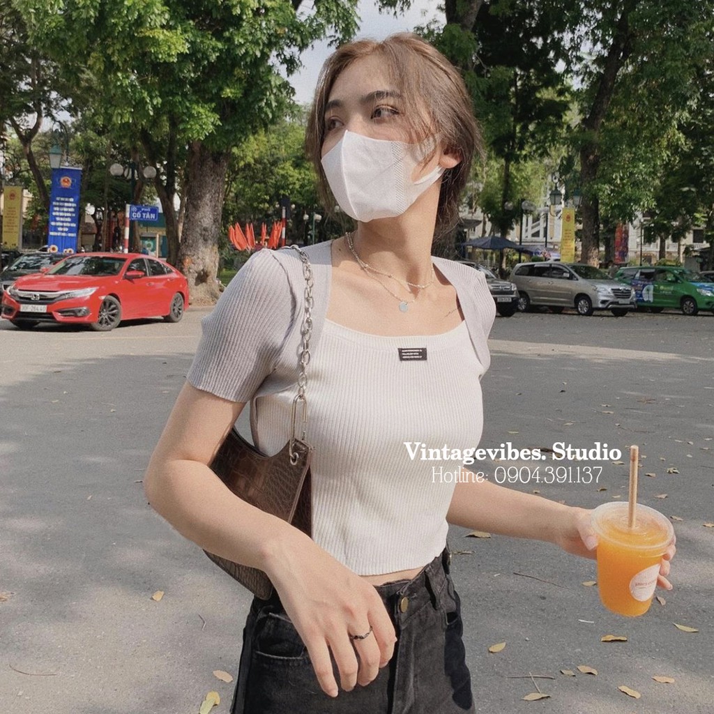Áo croptop len tăm ngắn tay cổ cách điệu phối màu (hàng QC) - Ảnh thật cận chất 1000%