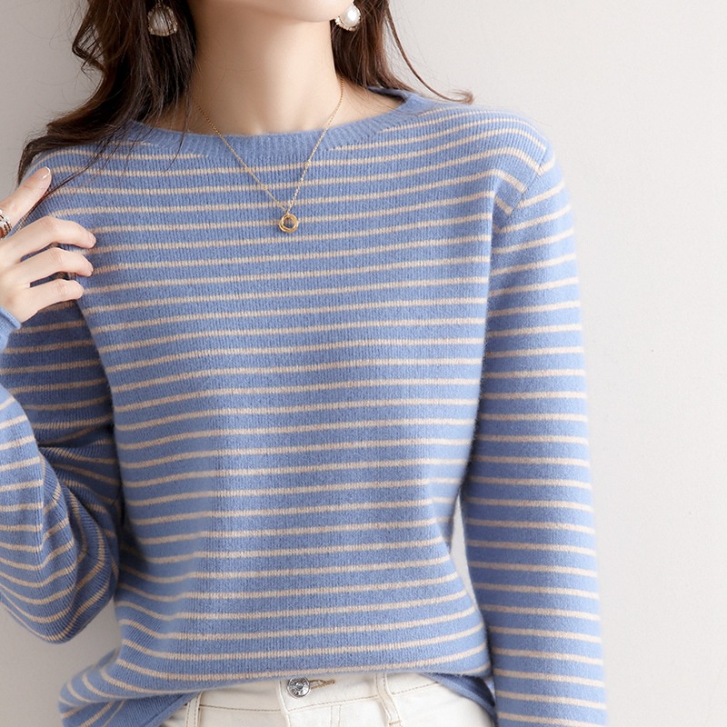 Áo Sweater Dệt Kim Tay Dài Cổ Tròn Hoạ Tiết Kẻ Sọc Thời Trang Thu Đông Cho Phái Nữ