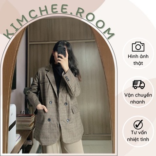 Áo khoác blazer dạ Hàn kẻ nâu Kimchee FREESIZE FORM RỘNG RÃI THOẢI MÁI