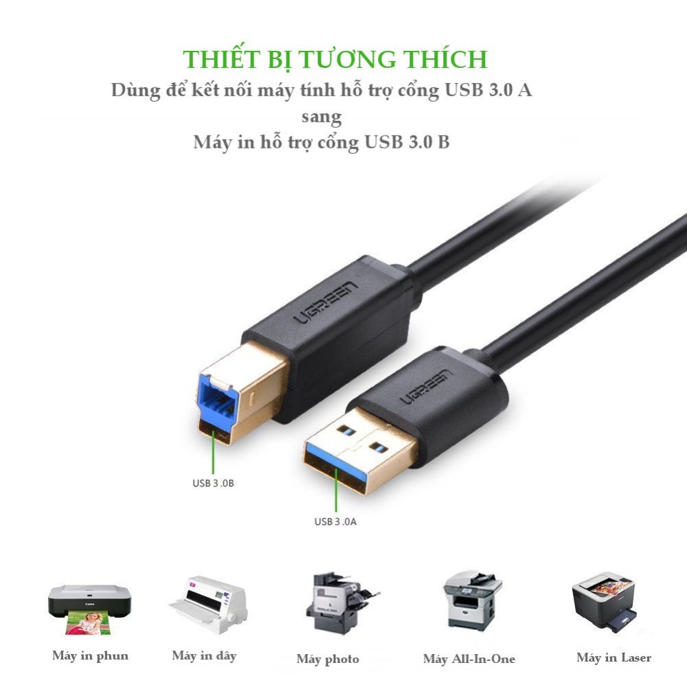 Dây máy in USB 3.0 đầu mạ vàng dài 2m UGREEN US210 10372