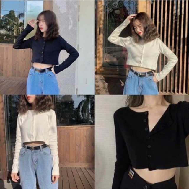 Áo Croptop YAN Tay Dài Phối Khuy form rộng | WebRaoVat - webraovat.net.vn