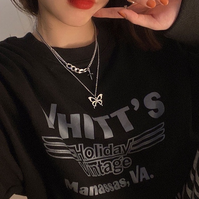 Vòng cổ hai lớp mặt hình bướm phong cách hip hop cá tính thời trang