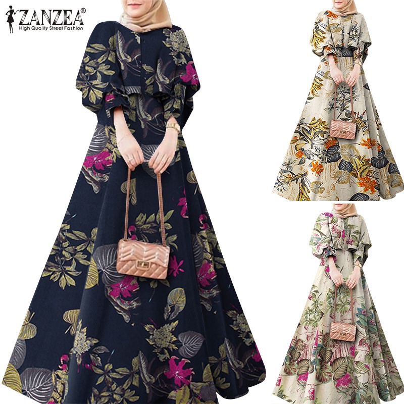 Đầm dài ZANZEA tay phồng cổ tròn in họa tiết hoa phong cách cổ điển dành cho nữ