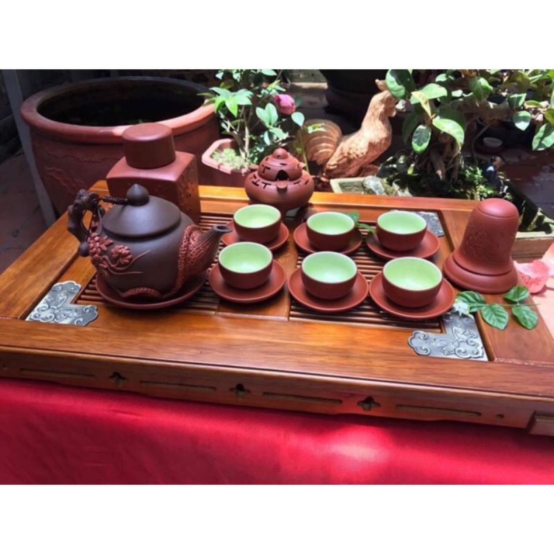 Bộ ấm chén tử sa đắp nổi  Bát Tràng