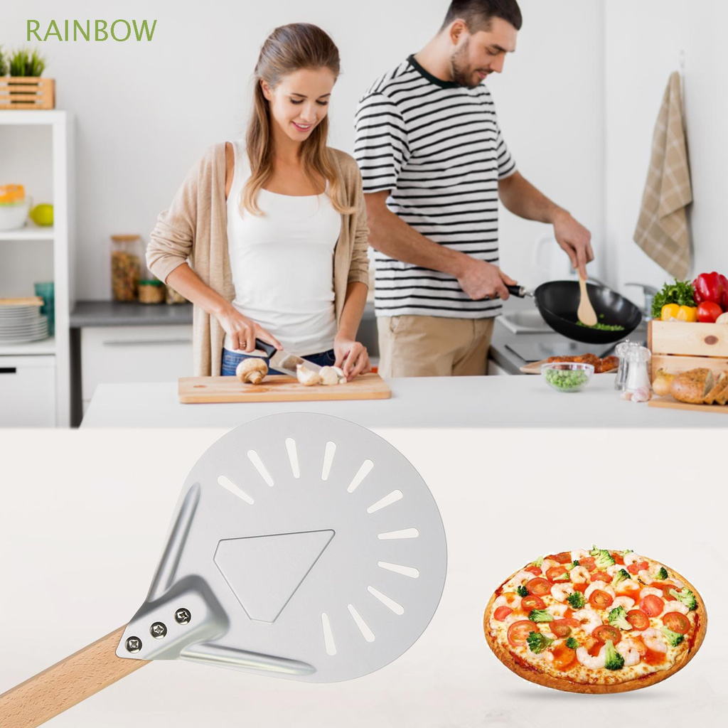 RAINBOW Wood Handle Perforated Bakers Shovel Pizza Peel Grill Non-slip Aluminum Bread Paddle