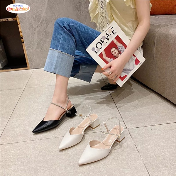 Giày cao gót bít mũi gót vuông 5 phân hậu chéo Đính đá thời trang BIG SIZE 42 43 MS G208