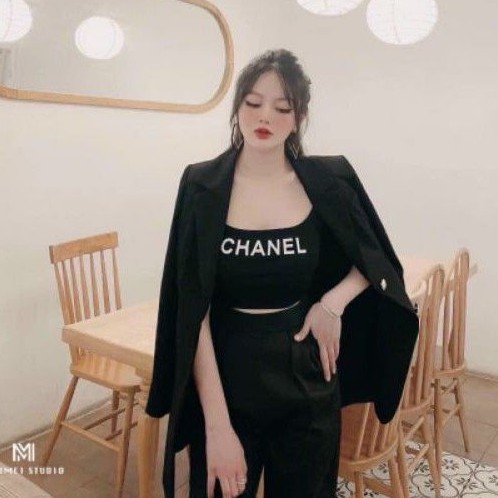 Áo sát nách cổ U in chữ CHNEL