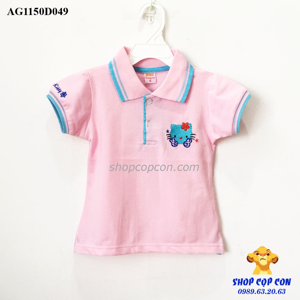 Áo thun cá sấu viền cổ thêu kiity cho bé gái từ 8kg đến 24kg