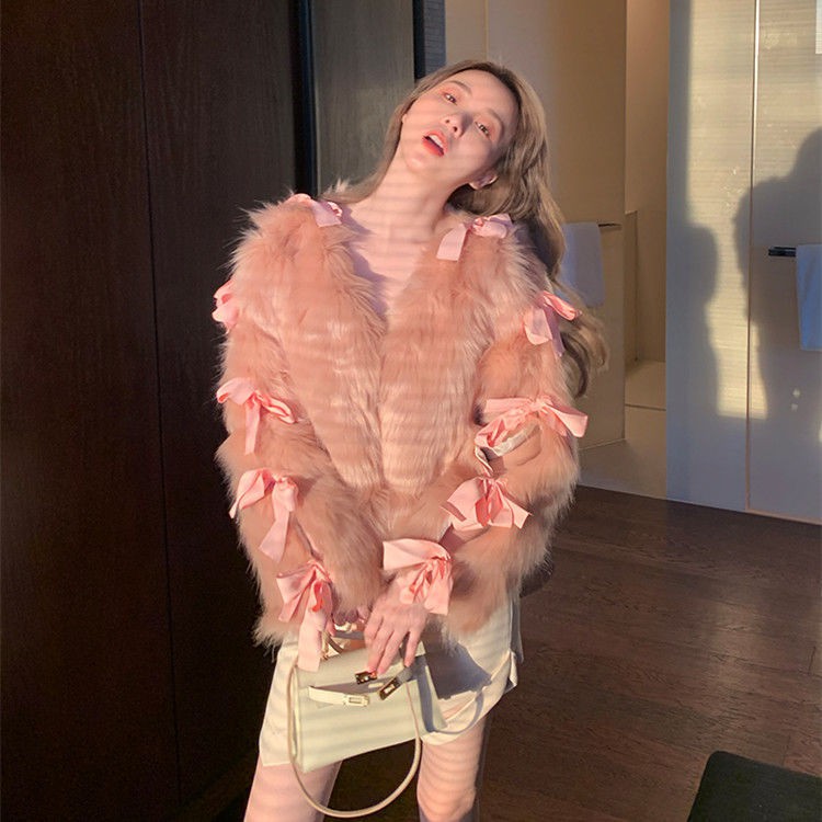 ☄❃✈Áo Khoác Giả Lông Cáo Dáng Ngắn Thắt Nơ Phong Cách Đường Phố Trẻ Trung Cho Nữ | BigBuy360 - bigbuy360.vn