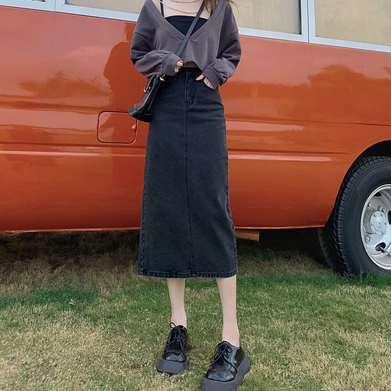 Chân váy jean COZOKC xẻ tà lưng cao thời trang Hàn Quốc
